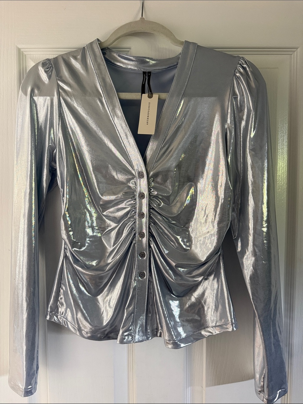 Anthropologie Silver Metallic Ruched Button-Front Top New with tags